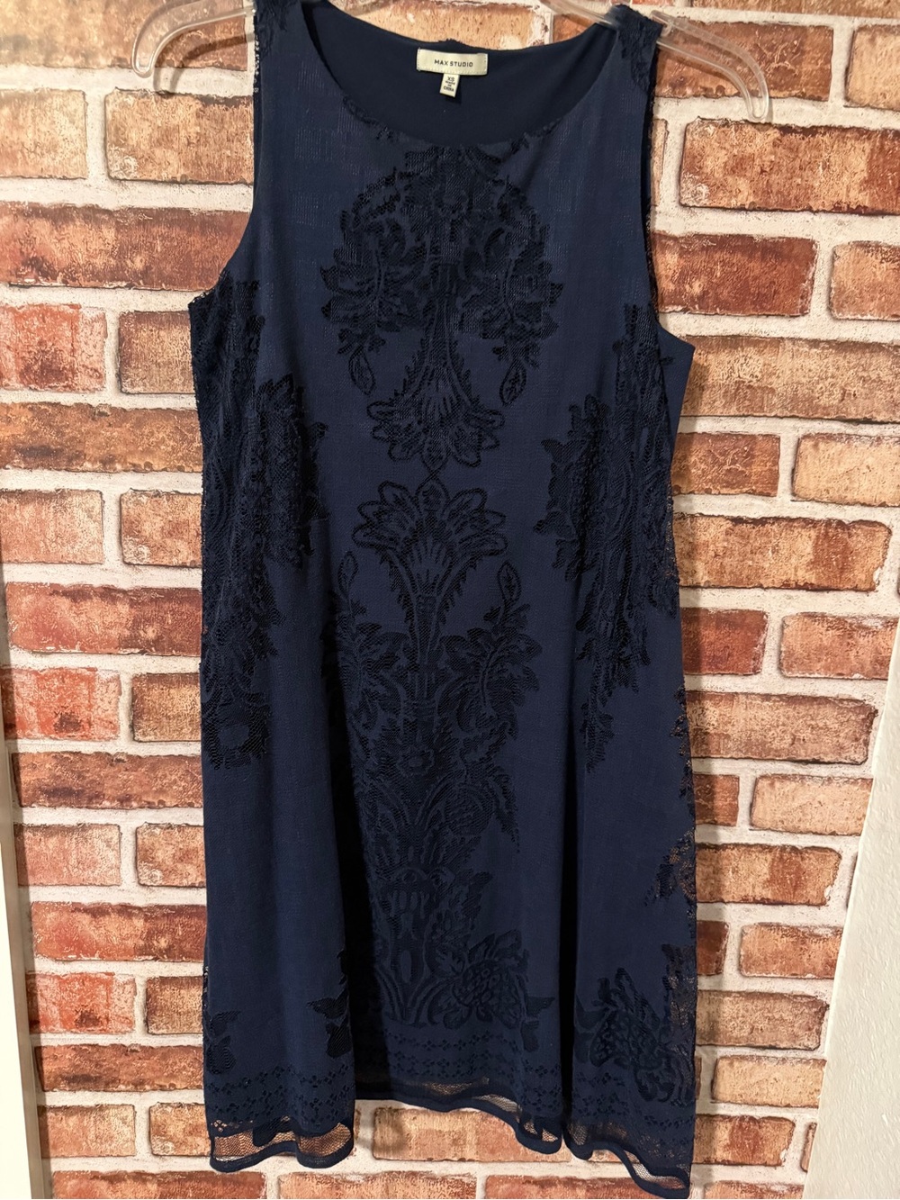 Max Studio Navy Sleeveless Midi Dress with Embroidered Motif